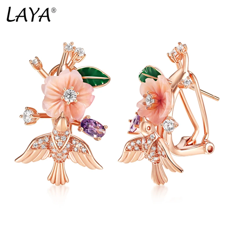 Laya 925 Sterling Silver lato gorącym stylu luksusowe biżuteria wysokiej jakości cyrkonia naturalne powłoki kwiat liść kolczyki emaliowane dla kobiet