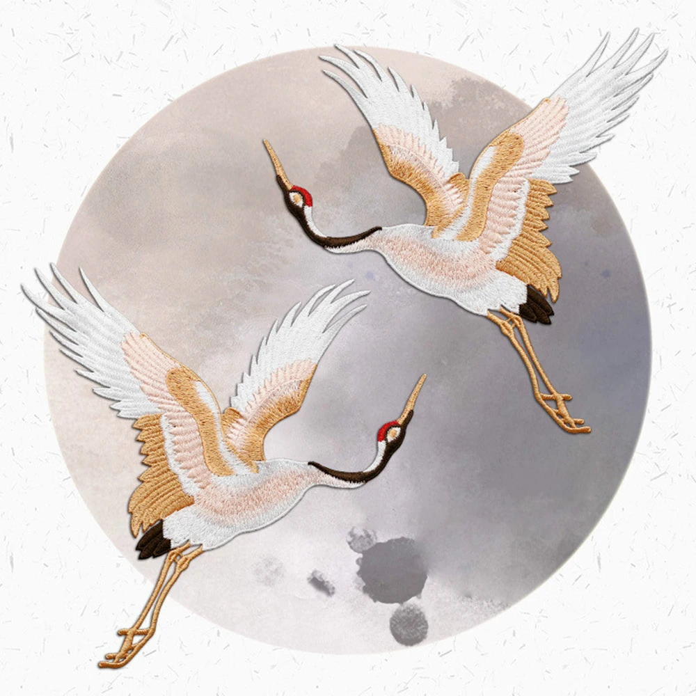 Chinese Style Patches for Clothing Embroidery Applique Sew on Red-crowned Crane Birds Decor DIY Embroidered Stickers for Clothes