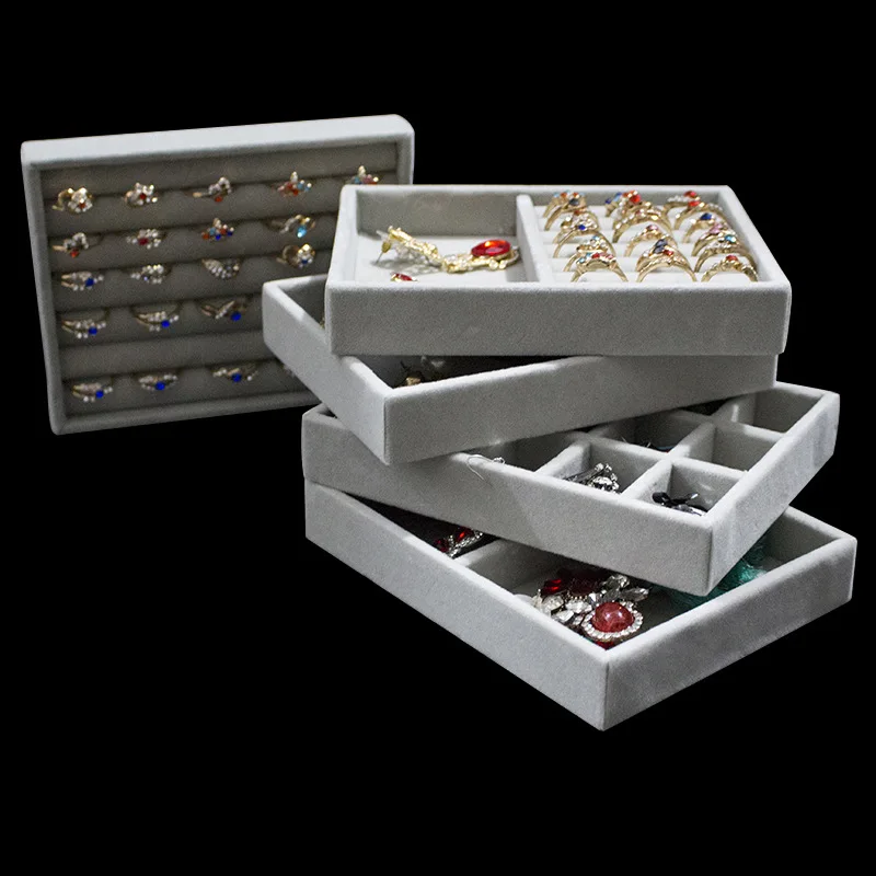 Velvet Jewelry Organizer Box Portable Stackable Display Tray for Earrings Necklaces Rings Mini Grey Flannel Storage Case