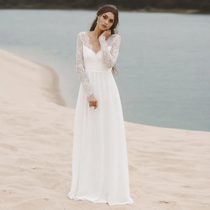 

Backless Wedding Dresses A-line Deep V-neck Chiffon Lace Beach Dubai Saudi Arabia Wedding Gown Bridal Vestido De Noiva