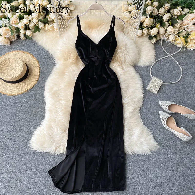 F240 Sweet Memory Eleagant Women Black Burgandy Velour Evening Dresses 2021 Sexy Robe Party Dress Summer Sleeveless Vestidos