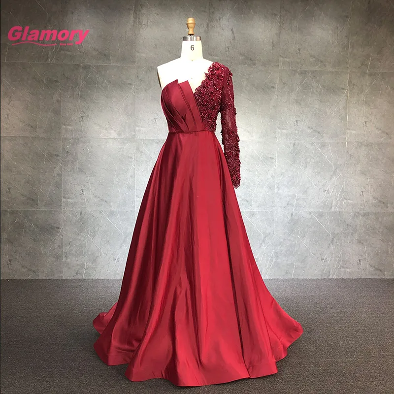 Burgund Eine Schulter 3D Perlen Spitze Sexy Abendkleider Lange EINE Linie Satin Formale Prom Kleider