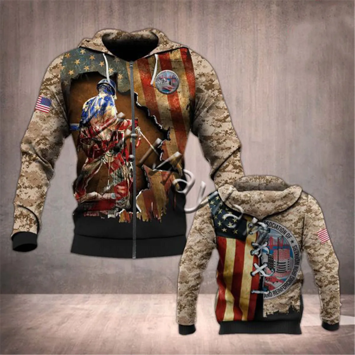 Ironworker Camo USA Flag 3D Full พิมพ์ Hoodie ผู้ชาย/ผู้หญิง Hipster Streetwear ชุดฤดูใบไม้ผลิชาย Hiphop เสื้อ Hoody Tops