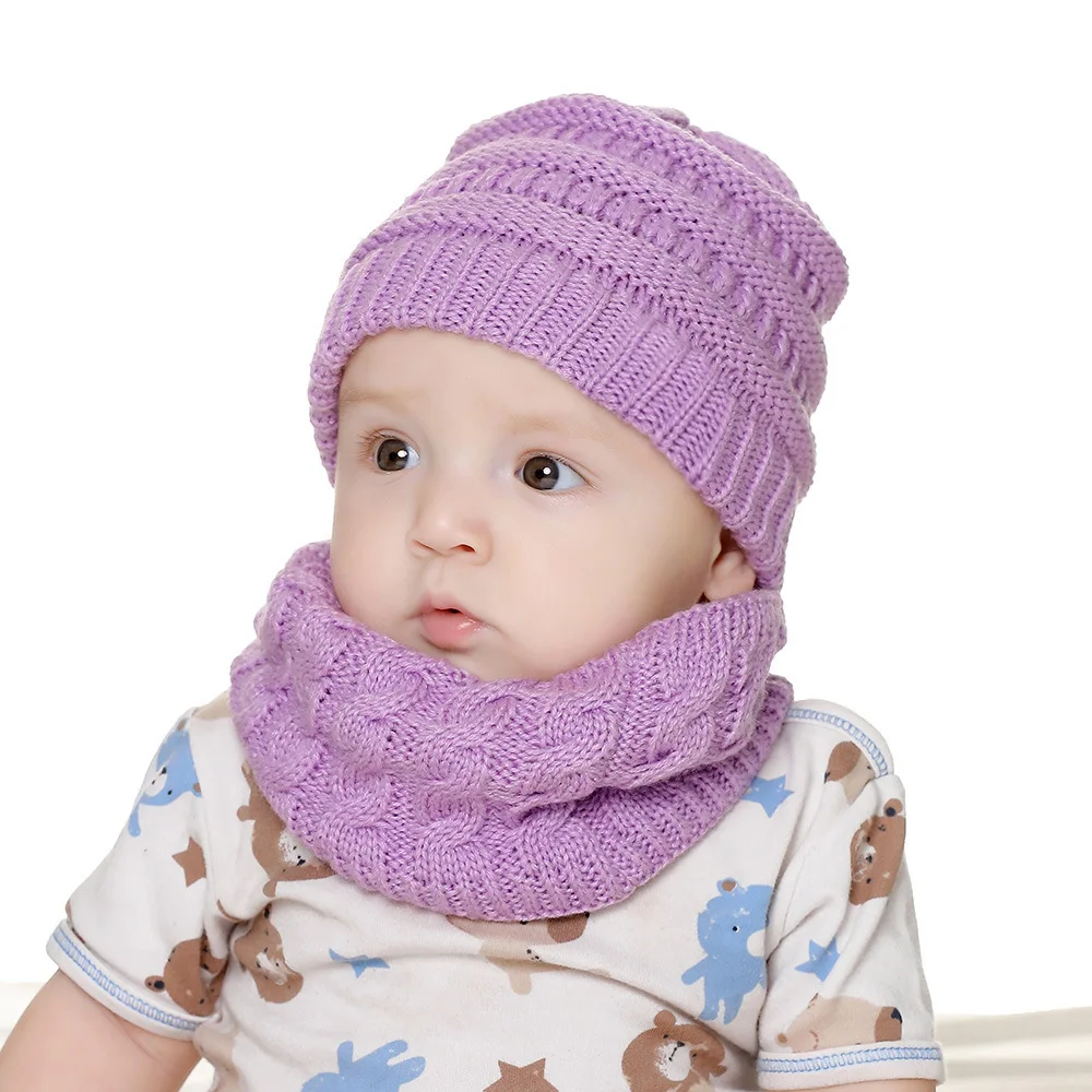 2Pcs Toddler Hat Baby Girls Boys Winter Warm Knitted Wool Hemming Hat Beanie Cap+Scarf Keep Warm Set 0-2 Year Kids Hat