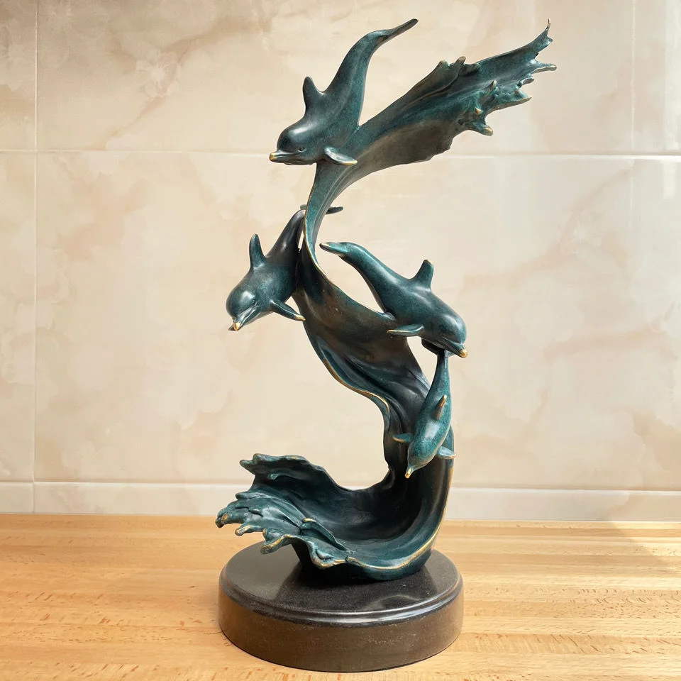 

Dolphins Statue Wildlife Animal Sculpture Figurine Hot Casting Bronze Marble Base Classy Home Decor Art