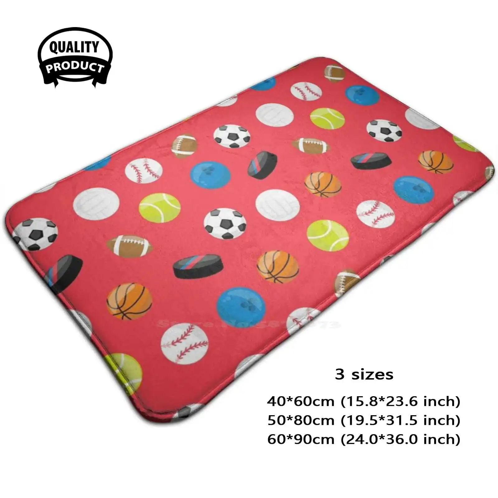 Red Sports Balls Coach Athlete Print Soft Cushion Home Carpet Door Mat Car Rug Balls Baseball Soccer Hockey Basketball Football