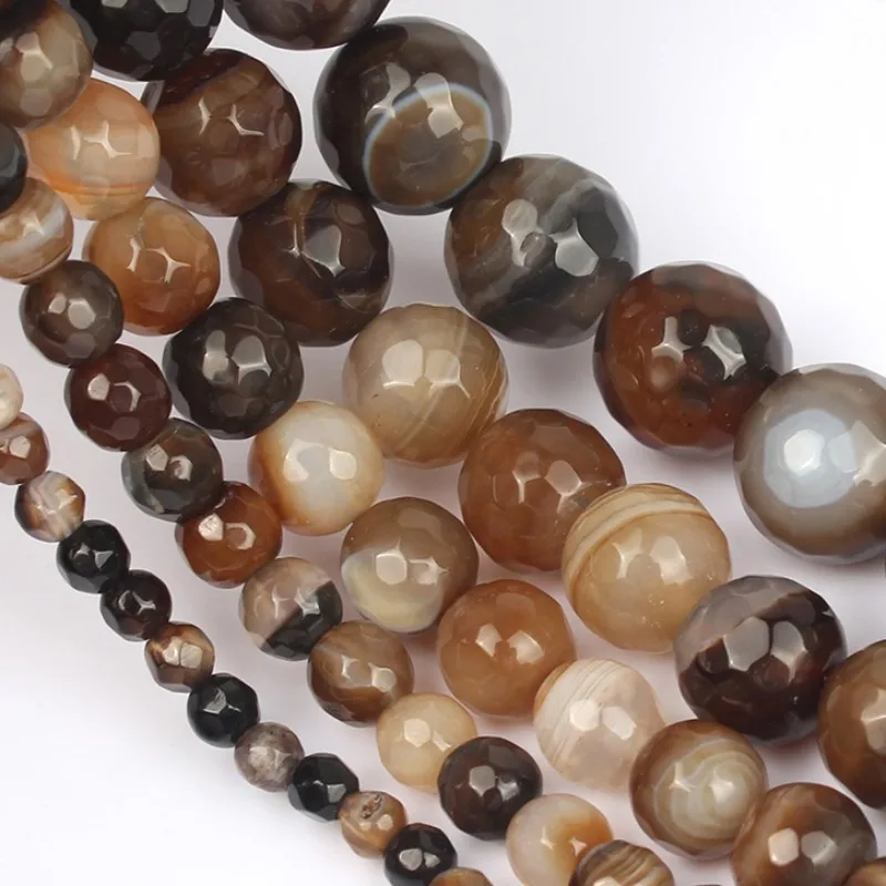 Natural Stone Faceted Coffee Striated Agates Loose Spacer Beads For DIY Jewelry Making Bracelet Accessories 15\'\' 4 6 8 10 12mm