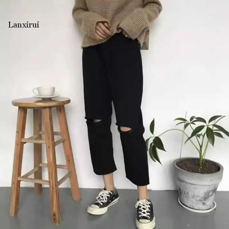 Jeans Women Spring Summer Trendy Simple Korean Style All-match Solid Hole Soft High Waist Streetwear Womens Trousers Chic Casual