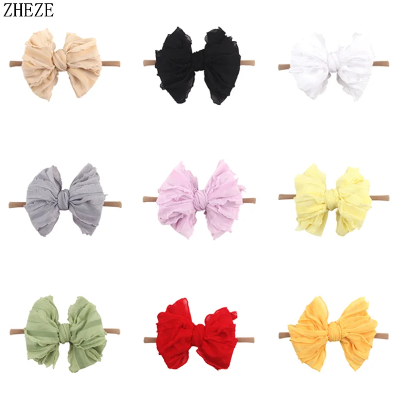 

10Pcs/Lot Trendy 5" Tied Lotus Lace Bow Baby Nylon Headband Handmade DIY Hair Accessories Hairband For Girl Wholesales