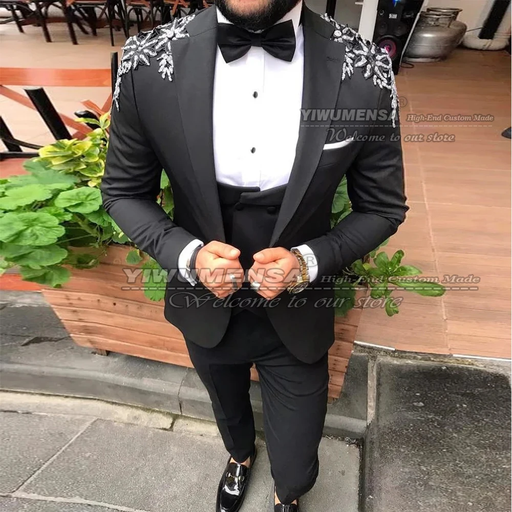 

Spring/Autumn Wedding Suits For Men Slim Fit 3 PieceTuxedo Traje De Hombres Lace Beaded Jacket+Vest+Pants Business Party Dress