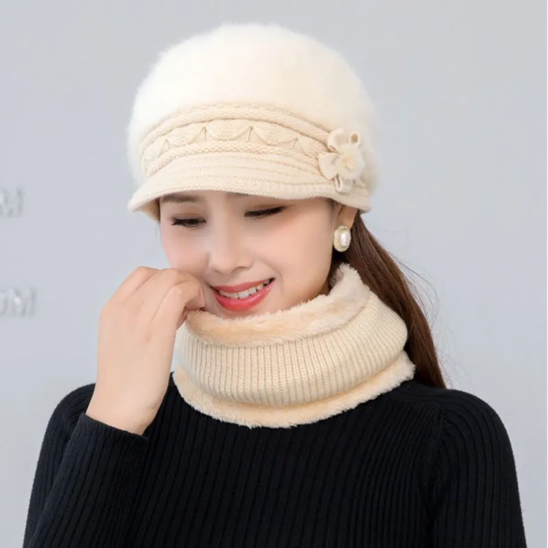 Winter hat female knitted rabbit fur hat bib glove suit flower beret middle-aged elderly plus velvet warm cap a gift for mother