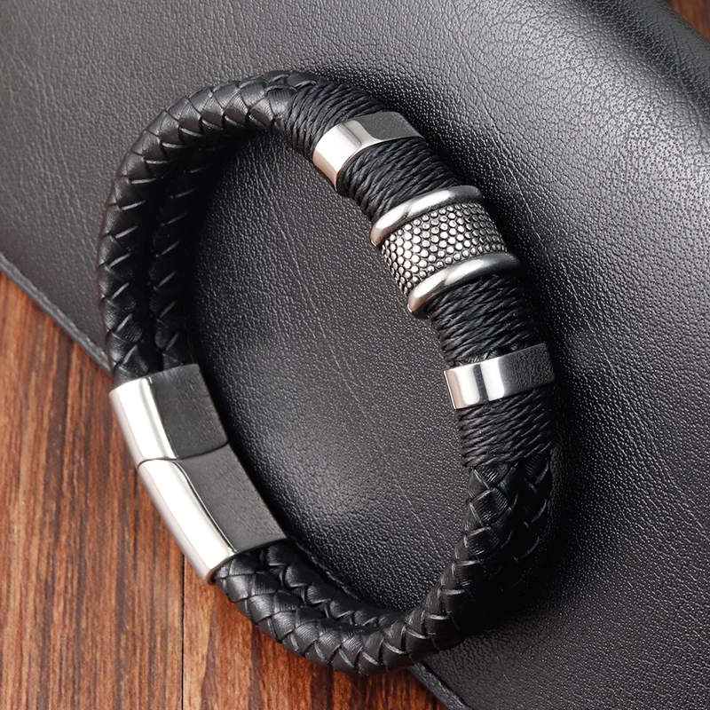 New Style Hand-woven Multi-layer Combination Accessory Stainless Steel Men's Leather Bracelet Classic Gift Big Sale