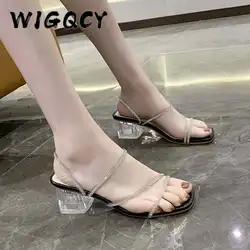 Transparent High Heels Women sandals Summer Party Shoes Celebrity Wearing Simple Style PVC Clear Strappy Bling Square Heel Women