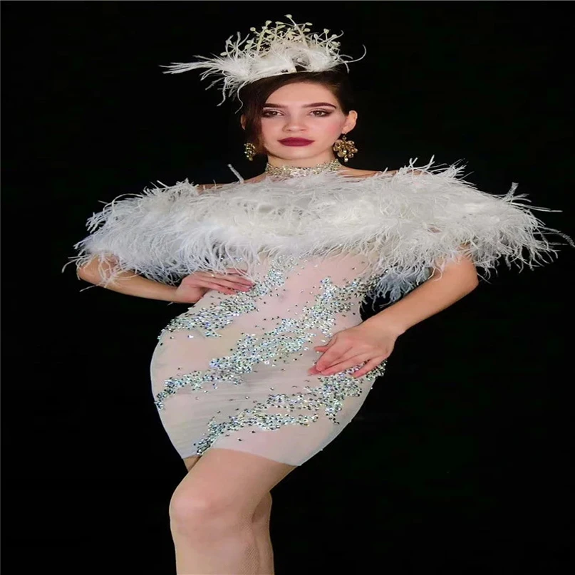 

Perspective White Feather Dresses sparkly sexy women stage show costume dj gogo singer party dress