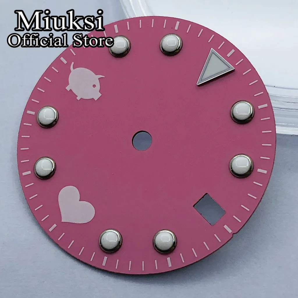 Miuksi 28.5mm pink watch dial green luminous dial fit NH35 movement