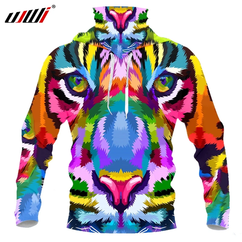 

UJWI New Trend Animal colorful tiger Men's Mask Hoodies 3D Harajuku Man Pullover Printed Fashion Mask Streetwear Unisex Clothing