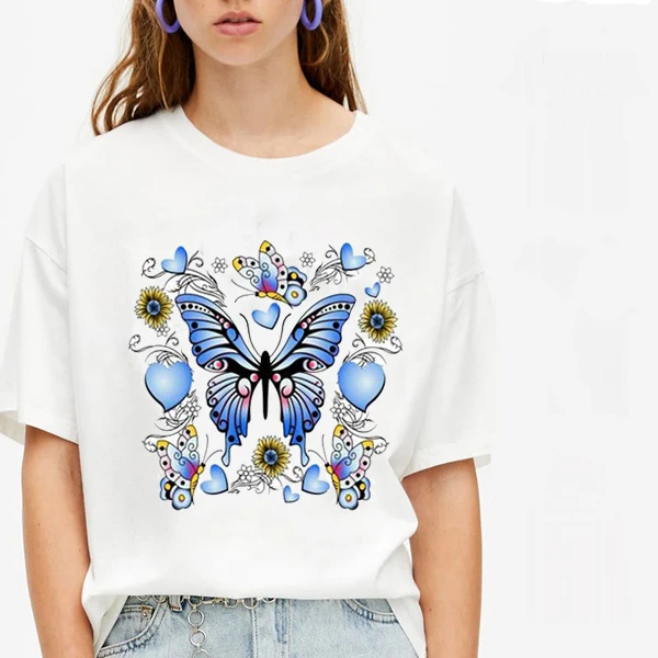 

Fashion Trend Vintage Fashion Butterfly T-Shirt Women Cute Aesthetic Graphic 2021 Tee Sweet Loose Leisure Plus Size Female Tee