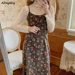 Spaghetti Strap Dress Women Vintage Chic Floral Trendy Ins All-match Autumn Ladies Clothing Sexy Party Holiday Vestido Feminino