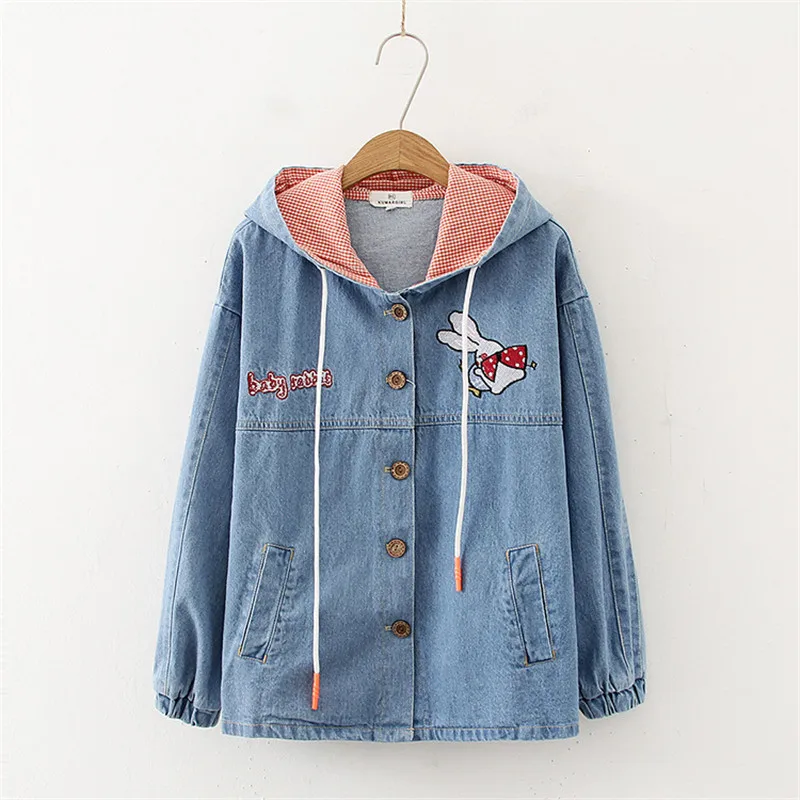 Teens Girl Vintage Denim Jacket Women College Cartoon Rabbit Embroidery Zipper Jean Harajuku Kawaii Cute Casual Thin Hooded Coat