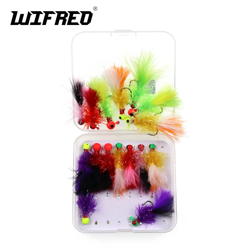 Wifreo 16PCS/Box Mix Mini Marabou Crappie Jig Pan Fish Fishing Jigs Ice Fishing Lures for Bluegill Fishing Hook 6 4 in Lure Box