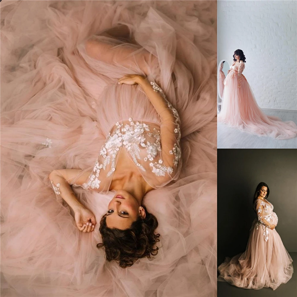 

Pregant Women Maternity Dresses For Photoshoot Or Babyshower Puffy Ruffled Tulle AppliquesLace Robe Party Dress Photography Gown