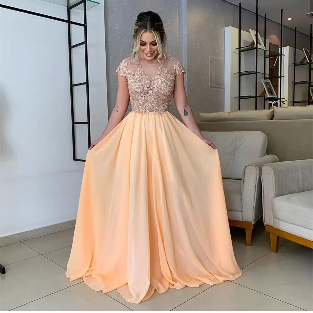 

Evening Dress 2021 Orange Long Sleeve Floor Length Chiffon Lace Appliques O-Neck Gorgeous Short Sleeve Women Party Formal