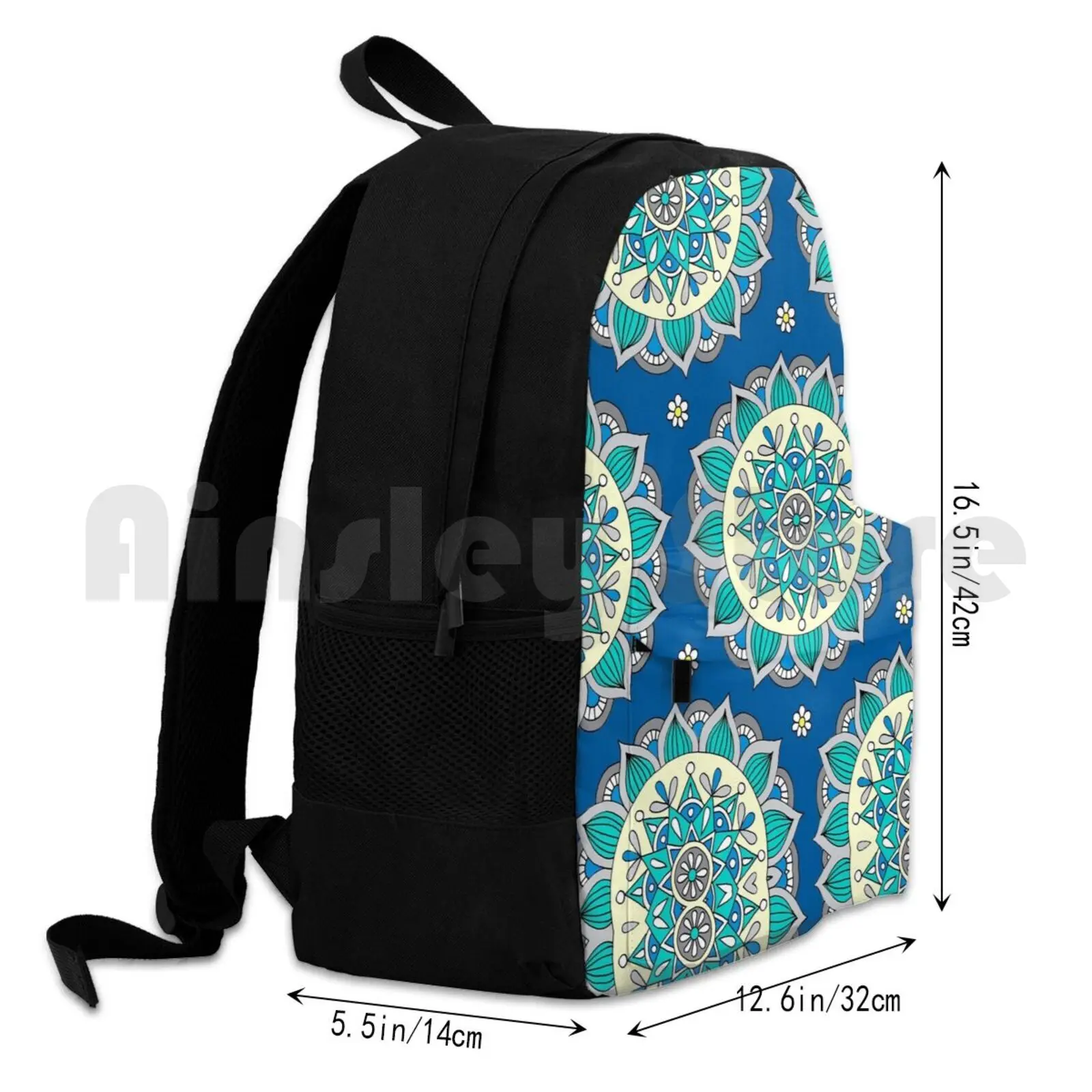 Blue & Cream Mandala Outdoor Hiking Backpack Riding Climbing Sports Bag Mandala Bohemian Pattern Boho Blue Aqua