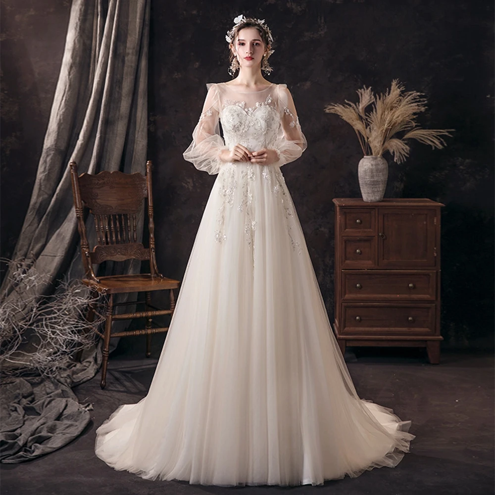 Robe de mariée trapèze en Tulle, avec traîne, manches longues, perles