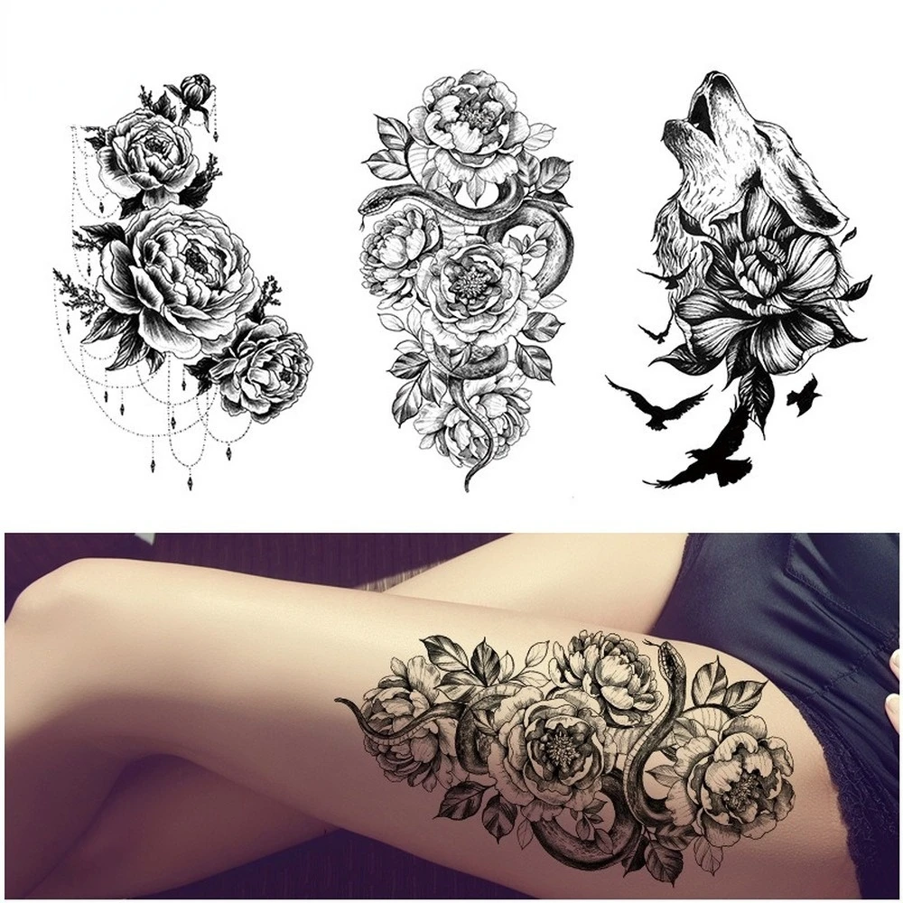 Waterproof Temporary Tattoo Sticker Dark Snake Tattoos Flower Tatoos Body Art Geisha  Water Transfer Clavicle Arm Fake Tatto