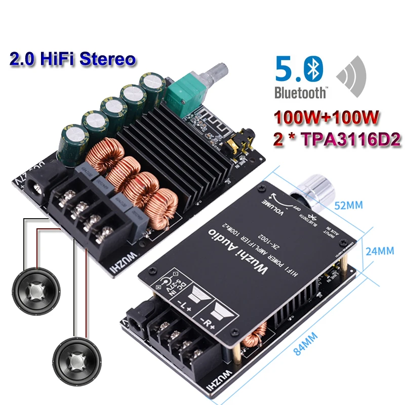 TPA3116D2 2*100W Bluetooth 5.0 Audio Power Amplifier Stereo HiFi Class D Digital TPA3116 Home Theater AUX Mini Music AMP