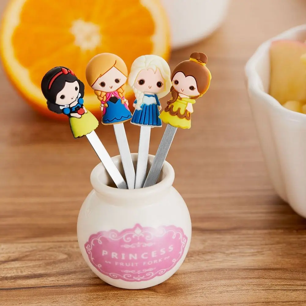 6Pcs/set Cute Cartoon Princess Stainless Steel Dessert Fruit Forks with Holder Set Mini Salad Fruit Fork Food Flatware