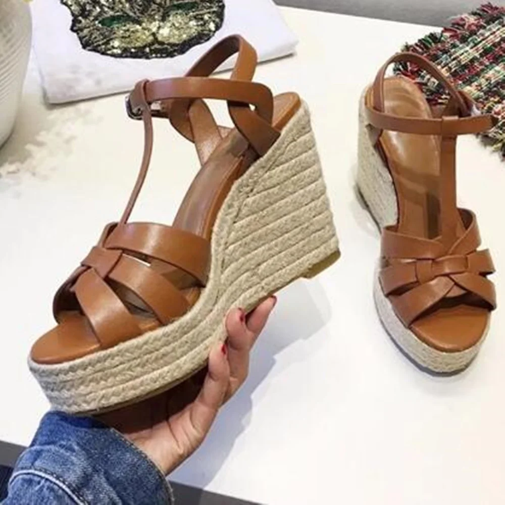 

Newest Style Women Brown White T-strap Peep Toe Wedge Sandals Summer Hollow Out Ankle Buckle Strap Platform Shoes Free Shipping