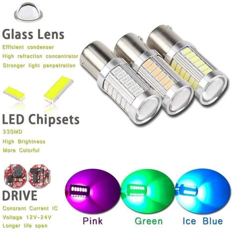 Yistar Top Quality 50X LED Car Green Red Pink Bule Bulb BA15S P21W 1156 Backup Reverse Light 33SMD 5630 5730 12V