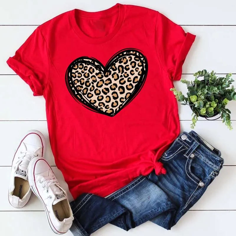Maycaur Fashion Women T Shirt Love Heart Printed T Shirt Casual Red Tops 90s Valentine\'s Shirt Female Harajuku Graphic Tshirt