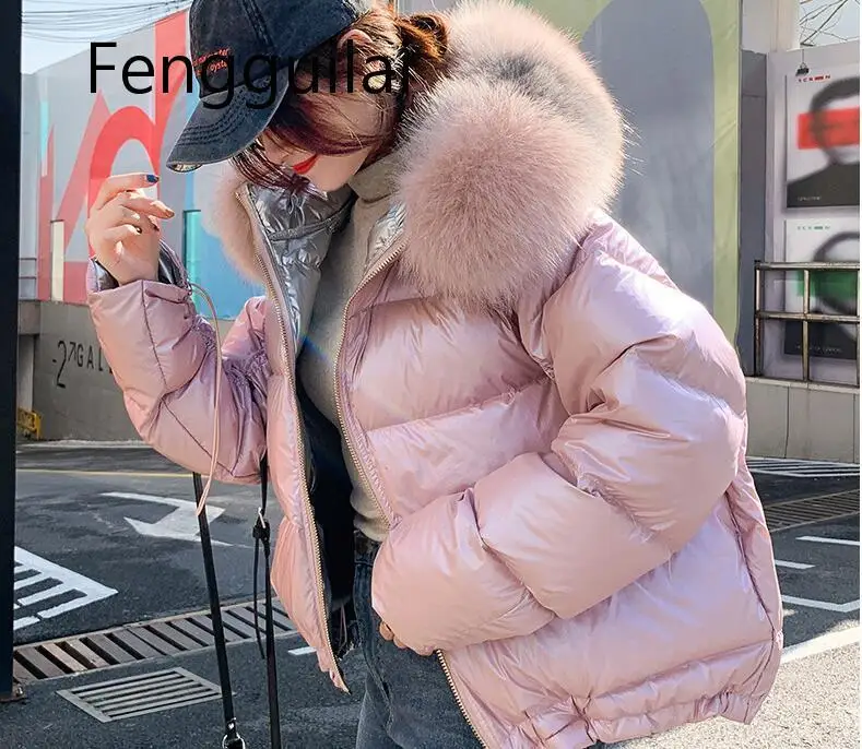 New Gold Silver Double Side Cotton Coat Winter Jacket Women Big Fox Fur Black Pink Parkas Female Outerwear Oversize