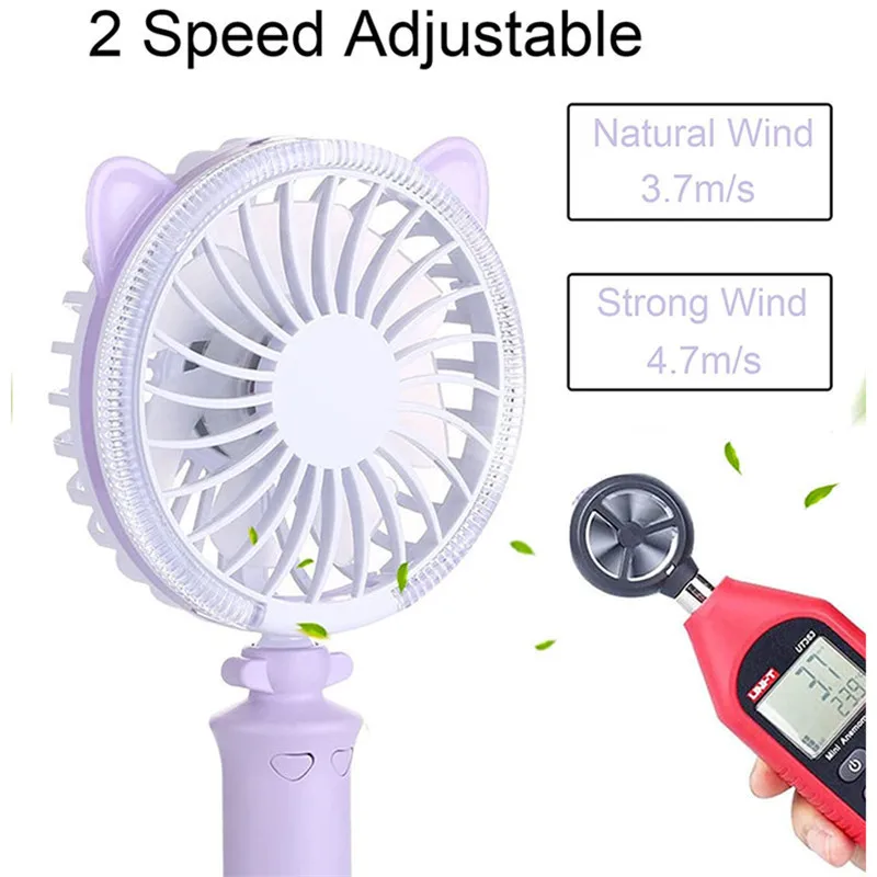 Портативный ручной вентилятор-кошка, на батарейках, перезаряжаемый через USB, с 2 скоростями, с ночным светильник щением для офиса и улицы