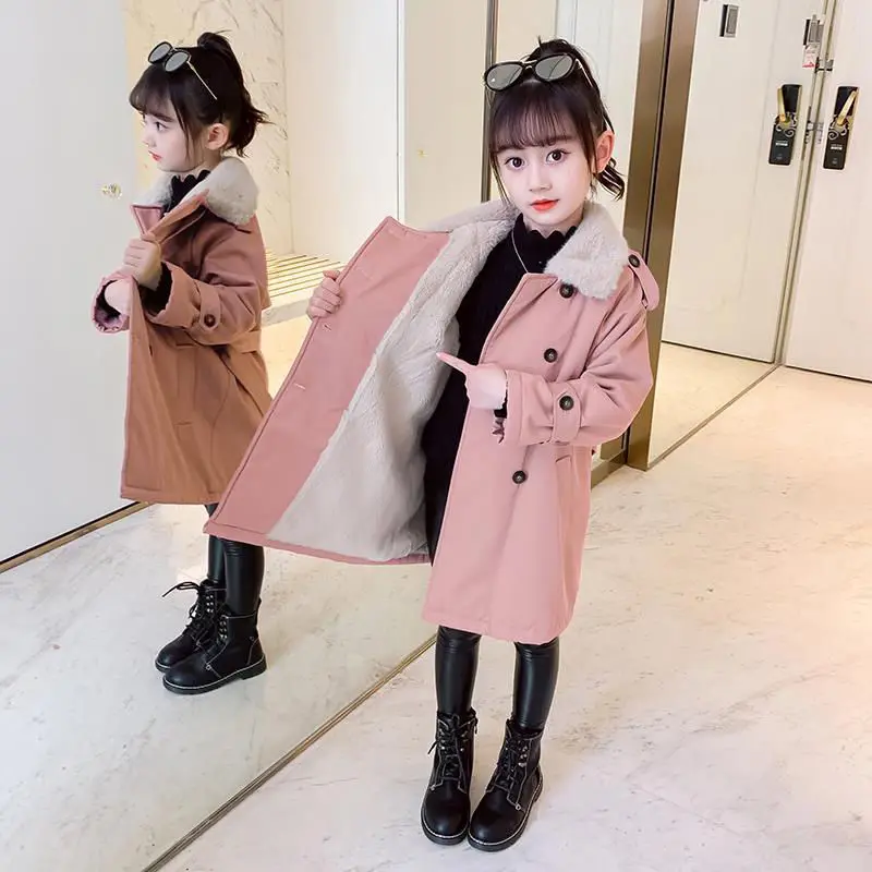 

Girls Baby's Coat Jacket Outwear Pink Long Style Fur Thicken Winter Plus Velvet Warm School Formal Fleece Children's Clothing