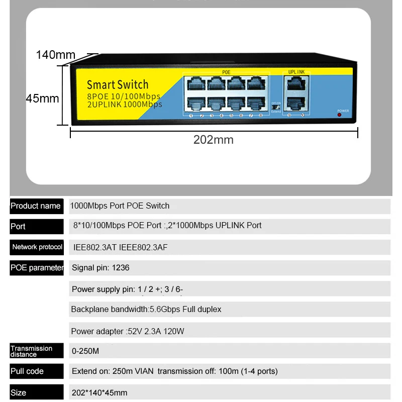 10-przełącznik portu Poe 52V zasilanie 8-Port 10/100Mbps + 2-Port 1000 mb/s dla aplikacja bezprzewodowa kamera monitorująca 250 metrów