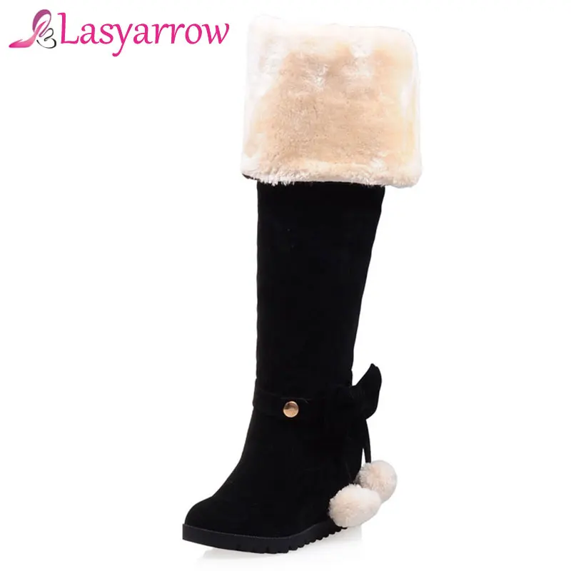 Lasyarrow Women\'s Thigh High Boots Ladies Footwear Height Increasing Round Platform Winter Snow Boots Fashion Over the Knee Boot