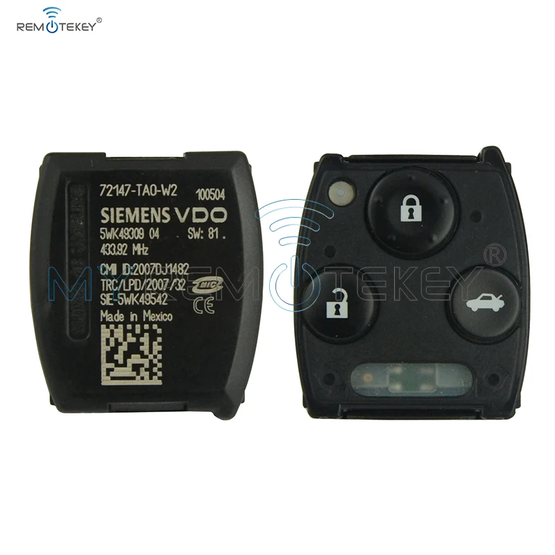 Remtekey 5pcs VDO 72147-TAO-W2 Remote head key 433Mhz HON66 3 button for Honda Accord 2008 2009 2010 2011 remtekey