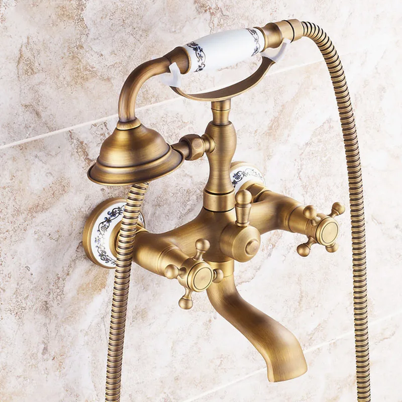 European Style Bathroom Shower Faucet Antique Brushed Brass Hot And Cold Water Shower Mixer Hand Shower Combination Sets J18364