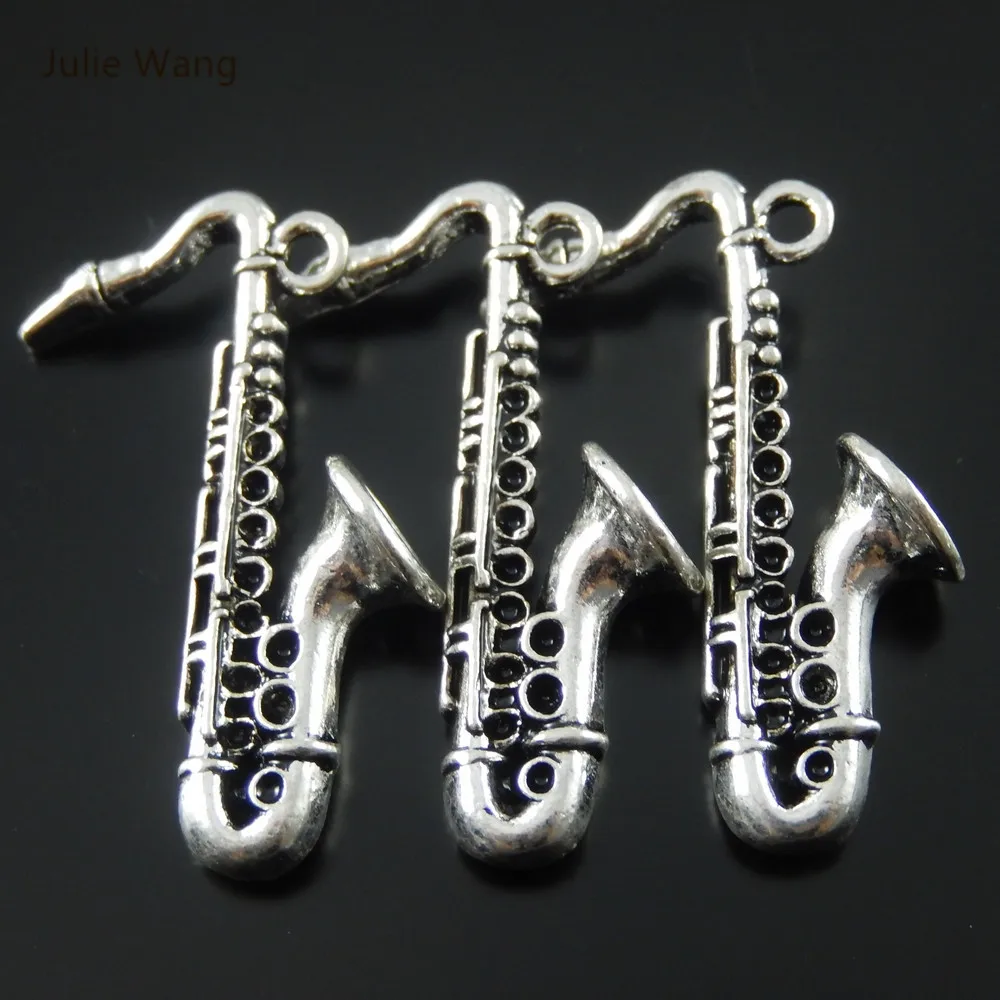 Julie Wang 2/5/10PCS Sax Shape Charms Alloy Antique Silver Color Necklace Jewelry Making Pendant Musical Instrument Accessory