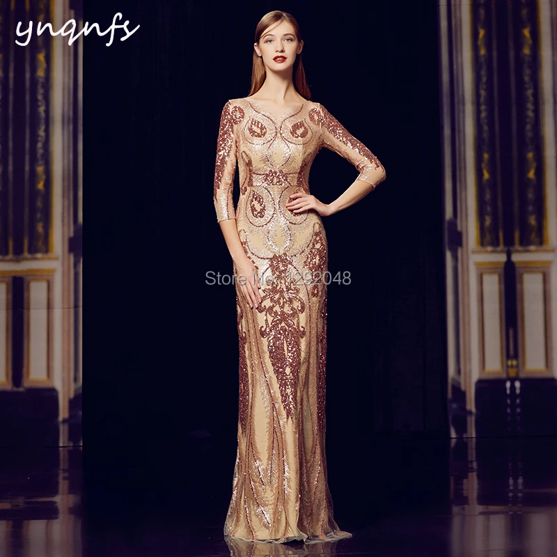 YNQNFS M129 V Neck 3/4 Sleeve Gold Peacock Evening Prom Formal Dress Party Gold Sequin Gown Mother of the Bride Dresses