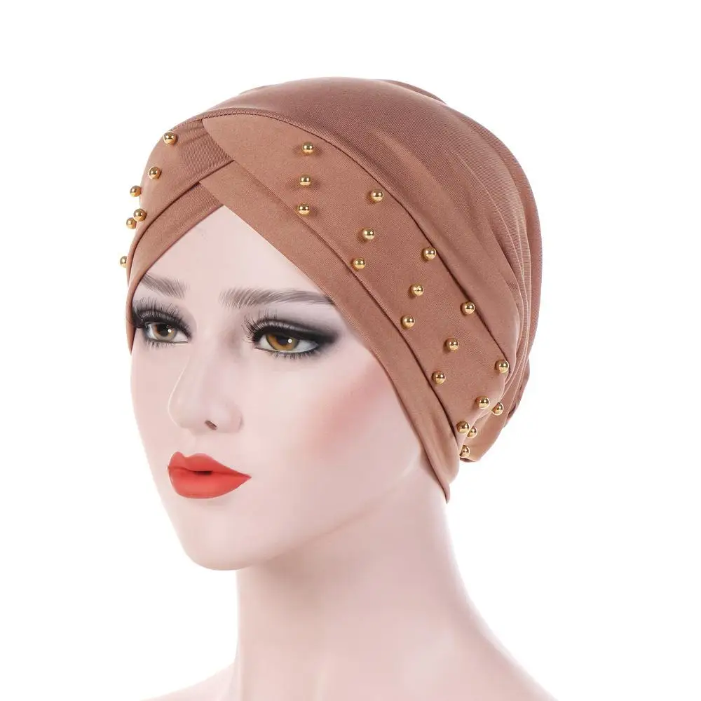 1PC Nieuwe Vrouwen Elastische Tulband Hoed Moslim Hijab Islamitische Kralen Kanker Chemo Cap Dames Hijab Stretch Head Wrap Hoofddoek haaruitval