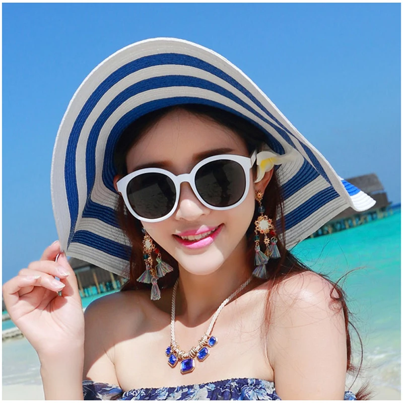 Hot Sale Fashion Hepburn Wind Black White Striped Bowknot Summer Sun Hat Beautiful Women Straw Beach Hat Large Brimmed Hat