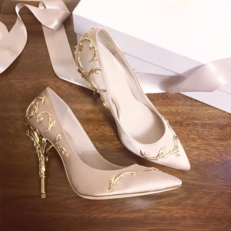 

Moraima Snc 2019 Summer New Pointed High Heels Female Flower Metal With Stiletto Satin Single Shoes Bridal Shoes Wedding Shoes