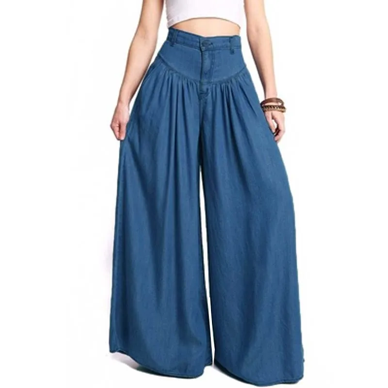 Women Summer Autumn Causal Pants Zipper Up Wide Leg Pants Blue Denim Loose Long Trousers High Waist Pantalon S-5XL