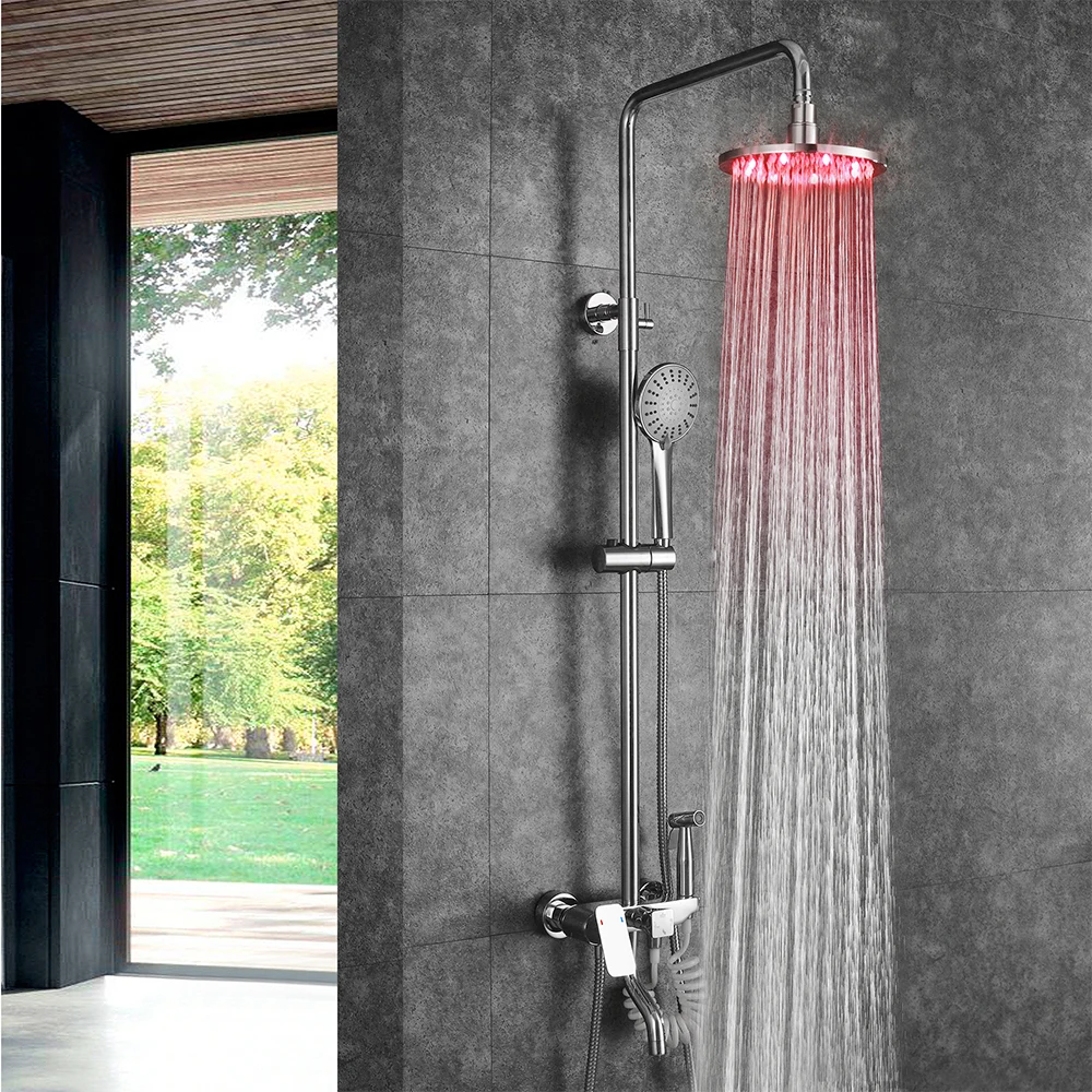 

SKOWLL Shower Bathroom Head Set LED Color Changing Shower head Sprayer Combo with 4 Way Shower Valve SK-9104, Polished Chrome