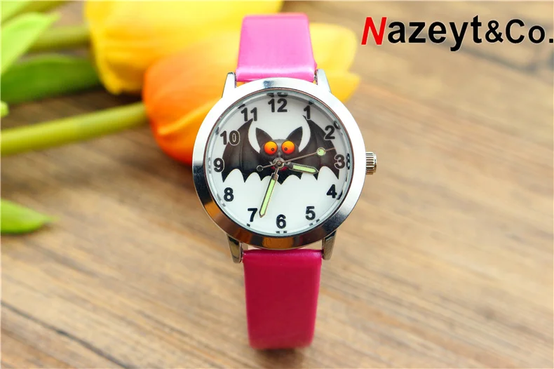 Nazeyt neue Halloween vampier zifferblatt kinder quarzuhr kleine jungen und mädchen bloodsucking bat leucht hand leder geschenk uhr