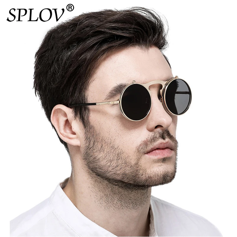 SPLOV Vintage Steampunk Flip Up Men Sunglasses Women Retro Round Metal Frame Sun Glasses Hinge Design Curved Glasses Legs UV400